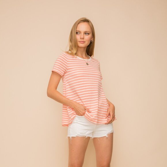 HEM & THREAD Soft Coral & White Striped Tee, Classic Crew Neck Short Sleeve Top - Picture 2 of 5